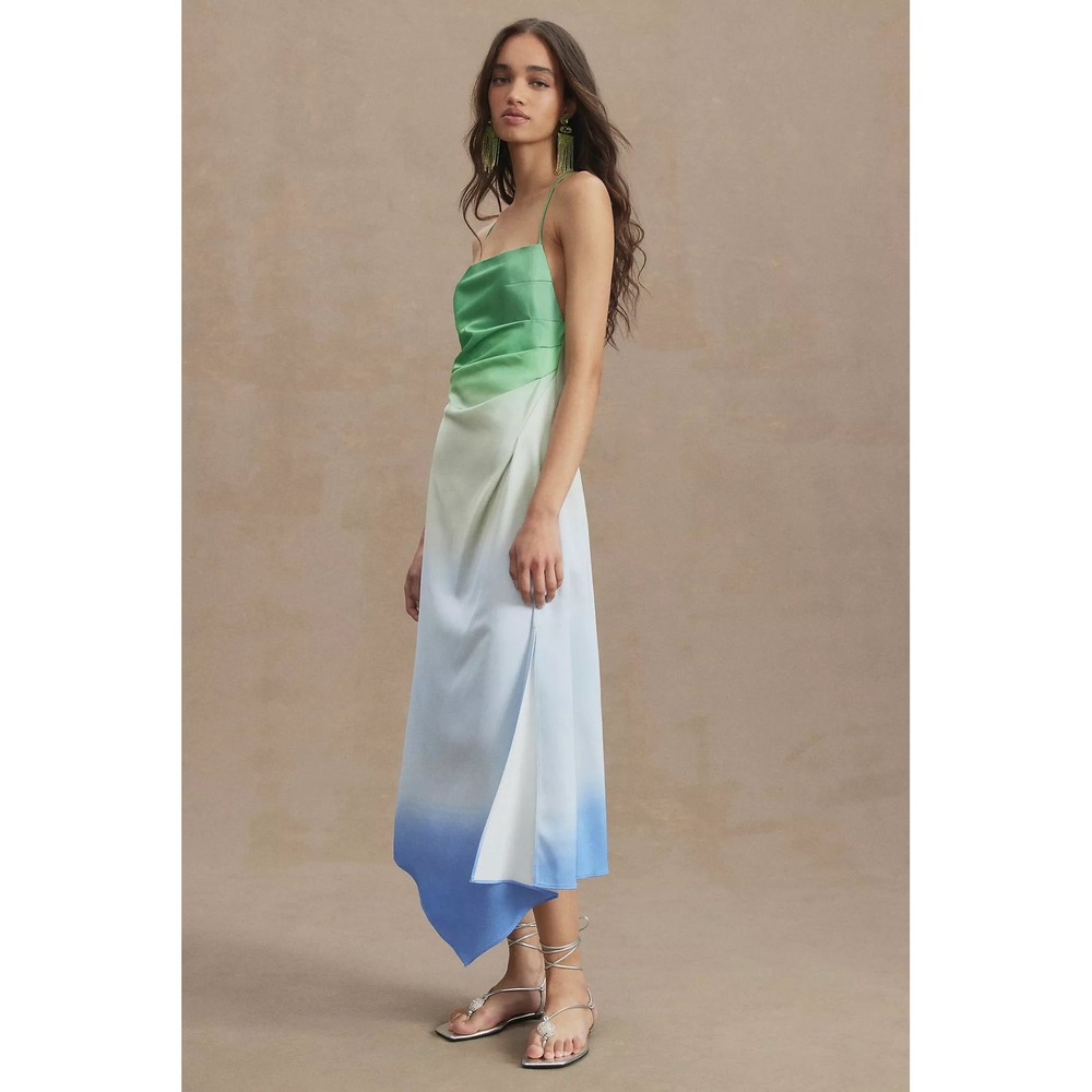 Significant Other Melody Ombre Satin Midi Dress Green Asymmetrical Backless US 2